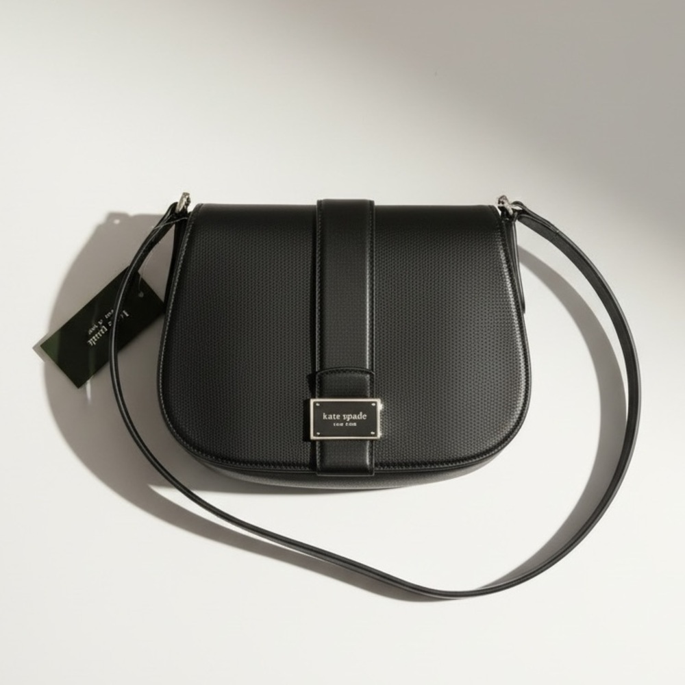 Kate Spade Black Leather Saddle Crossbody Bag NWT Gold Hardware Dust Bag Classic - Picture 17 of 17